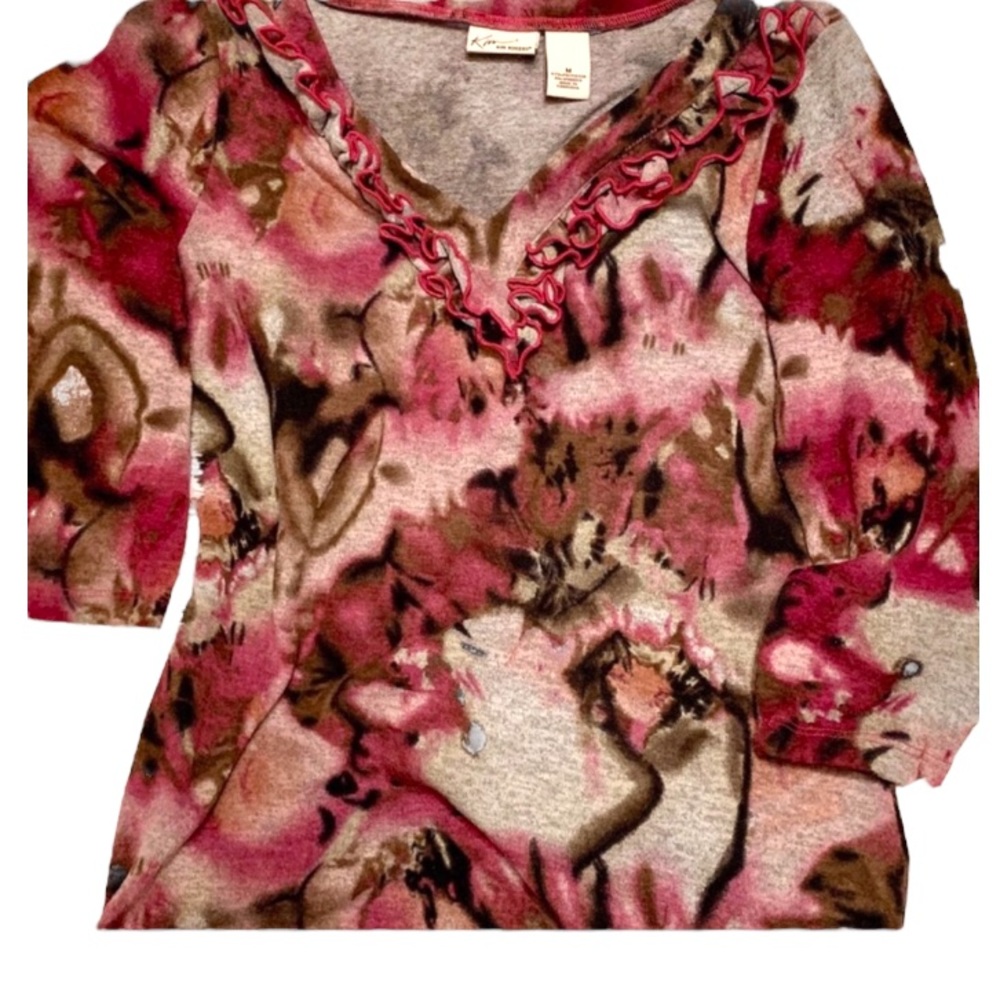Kim Rogers Rose Brown & Tan Floral Ruffle V-neck 3/4 Sleeve Shirt size Medium